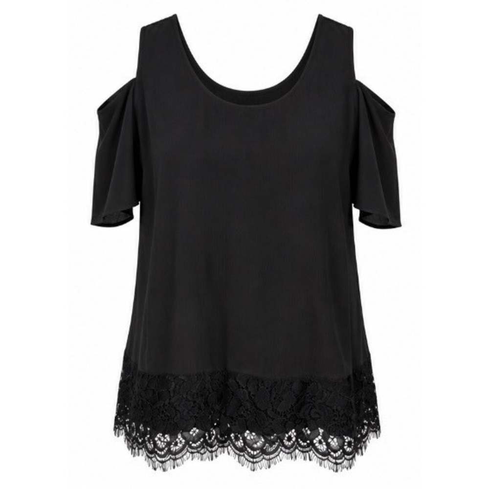 Madewell Silk Blouse Women XS Black EUC Lace‎ Trim Cold Shoulder Top T1